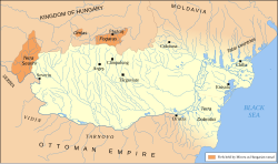 Map of Wallachia, Dobruja, and three fiefs in the Kingdom of Hungary