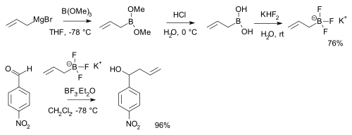 Allylmagnesium bromide reacts with trimethyl borate in THF at -78 °C to dimethyl allylborate. The boronic ester then hydrolyzes in hydrochloric acid to the trifluoroborate. The trifluoroborate then adds to p-nitrobenzaldehyde in dichloromethane with diethyl-etheryl boron trifluoride.