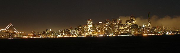 Skyline on a foggy night, from Treasure Island