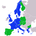 Membraro de CERN: Blue : Fondintaj landoj. Verde : Poste aliĝintaj landoj.