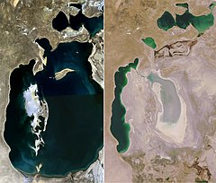 अरल समुद्र Aral Sea - झपाट्याने घटणारा असल समुद्रातील पाण्याचा साठा