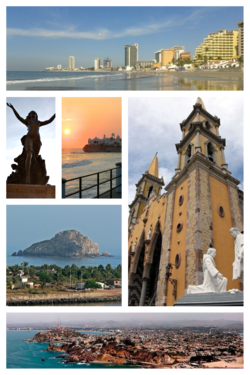 From upper left: Hotel Zone, Monument to Mazatleca women, Mazatlán pier, Cordones Island, Mazatlán Cathedral, Panoramic view of the city