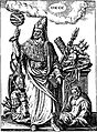 Hermes Trismegistus, vermeende oeroude wijsgeer en magicus. Met zijn ene arm wijst hij naar boven, richting een armillarium. Zijn andere arm is gericht naar de aarde. Dit beeldt het principe uit van zo boven, zo beneden. Dit principe werd vooral relevant in renaissancemagie.