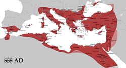 The empire in 555 under Justinian I, its greatest extent since the fall of the Western Roman Empire, with vassals in pink