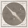 Zeichnung des Andromeda­nebels sowie der nahe­gelegenen, als kleine Nebel er­scheinenden Galaxien M32 (unterhalb) und M110 (rechts oberhalb), Charles Messier, 1807