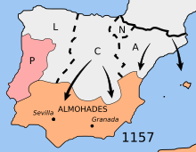 Hispanlingva mapo montranta la areon sub kontrolo de almohadoj en Iberio kaj la kristanajn atakojn el la Kastilio (C) kaj Aragono (A). Estas ankaŭ Portugalio (P), la Regno de Leono (L) kaj la Reĝlando de Navaro (N)