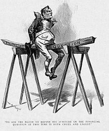 A political cartoon. An imperially confident-looking man in an exaggerated military officer's uniform sits upon a plank of wood marked "Financial question", which is balanced between two saw-horses. The man's weight is bending the wood rather dramatically.