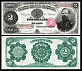 1891-es szériájú Treasury Note (Coin Note) 2 dolláros államjegy.