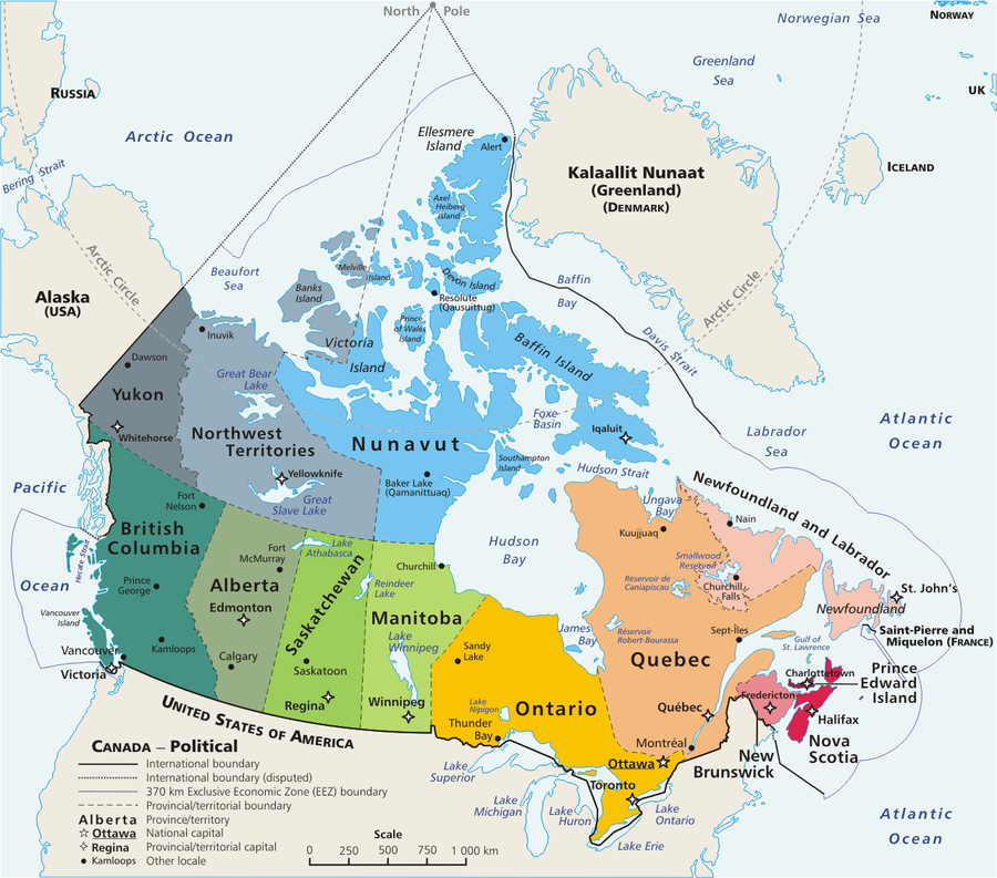 Politesch Kaart mat de Provënzen an Territoire vu Kanada