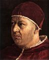 Q49237 Paus Leo X circa 1518 (Schilderij: Rafaël Santi) geboren op 11 december 1475 overleden op 1 december 1521