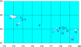 Mapa de las islas Aleutianas occidentales, mostrando las Near a la izquierda: Attu (1), Agattu (2), Alaid (3), Nizki (4) y Shemya (5)