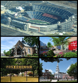 Gillette Stadium, Memorial Hall, Patriot Place, sign in Foxborough, Congregational Church and the Orpheum Theatre