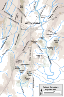 Carte montrant la toponymie, le relief et les cours d'eau environnant Gettysburg.