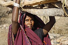 Photograph of a woman carrying firewood she has gathered on her head