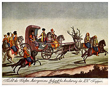 Painting of people traveling on horseback and in a carriage drawn by stags