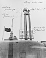 Massif du U-3008, Type-XXI, avec son antenne radar, ses deux périscopes et son mât schnorkel, 1945.