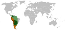 la vicreĝlando de Peruo inter la jaroj 1542 kaj 1818) Kolora areo sume: jura teritorio dum la fonda jaro 1542 Malhele kolorigita areo: fakte regata areo en la momento de plej granda amplekso (ĉirkaŭ la jaro 1650) Hele kolorigitaj areoj: teorie postulataj, sed fakte neniam hispane kontrolitaj areoj Bruna areo: Amplekso en la momento de la vicreĝlanda pereo en 1818