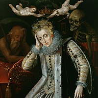 Elizabeth I, painted around 1610, during the first revival of interest in her reign. Time sleeps on her right and Death looks over her left shoulder; two putti hold the crown above her head.[241]