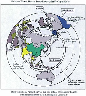 Rekkevidden til nordkoreanske raketter.