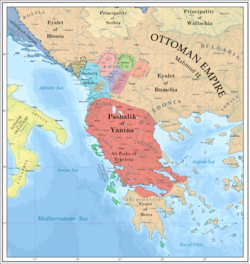 The Pashalik of Yanina (in red) at its greatest extent (c. 1819-1820) and excluding the Morea Eyalet).