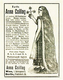 Die rechteckige Zeitungsannonce umfasst auf linker Seite einen produktbewerbenden Text und auf rechter Seite ein Bildnis der Anna Csillag in seitlicher Perspektive, auf dem ihr körperlanges Haar heraussticht.