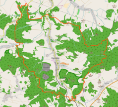 Mapa konturowa Wojcieszowa, w centrum znajduje się punkt z opisem „Pałac w Wojcieszowie Górnym z XVIII w.”