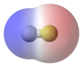 Fluorure d'hydrogène : la zone rouge représente la région chargée partiellement de façon négative
