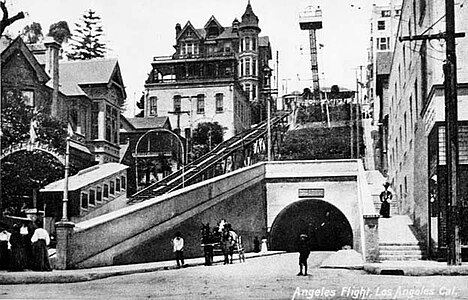 Low end view of the original Angels Flight with the 3rd Street Tunnel and an observation tower, c. 1905.