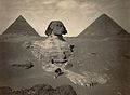 Image 15 Great Sphinx of Giza Photo: Maison Bonfils; Restoration: Lise Broer A late nineteenth century photo of the partially excavated Great Sphinx of Giza, with the Pyramid of Khafre (left) and the Great Pyramid of Giza (right) behind it. The Sphinx is the oldest known monumental sculpture, and is commonly believed to have been built by ancient Egyptians of the Old Kingdom in the reign of the pharaoh Khafra. More featured pictures