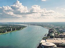 Detroit and adjacent Windsor Canada separated by the Detroit River, as seen from the GM Renaissance tower