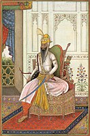 Maharaja Ranjit Singh, founder of the Sikh Empire, wearing a decorated turban (1830).