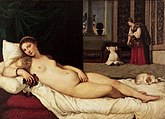 Venus of Urbino 1538. oil on canvas medium QS:P186,Q296955;P186,Q12321255,P518,Q861259 . 119 × 165 cm (46.8 × 64.9 in). Uffizi Gallery, Florence