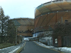 Spiral guided gasholders at the former Meadow Lane Gas Works in Hunslet, Leeds. These were constructed around 1965