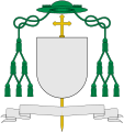 Galero vert with six tassels per side, used by bishops in place of a helmet (and single-barred cross)