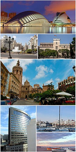 Clockwise from top: City of Arts and Science, modernist buildings in Town Hall Square, La Lonja, Queen Square with a view of the Cathedral and its tower the Miguelete, Business Offices in France Avenue, the America's Cup port and the Malvarrosa beach.