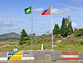 Flags of Brazil and Venezuela on the Brazil-Venezuela border in Pacaraima, Brazil.