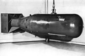 Photograph of a mock-up of the Little Boy nuclear weapon dropped on Hiroshima, Japan, in August 1945.