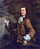 Three-quarter painted portrait of a man, facing right, in a brown silk coat, gesturing towards a seascape