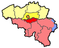 Image 10Map showing the division of Brabant into Flemish Brabant (yellow), Walloon Brabant (red) and the Brussels-Capital Region (orange) in 1995 (from History of Belgium)