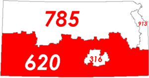 Map of Kansas with area code 620 in red