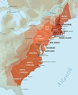 Thirteen Colonies of North America: Dark red = New England colonies. Bright red = Middle Atlantic colonies. Red-brown = Southern colonies.