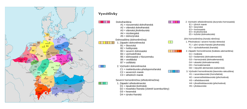 Mapa rozmístění německých nářečí