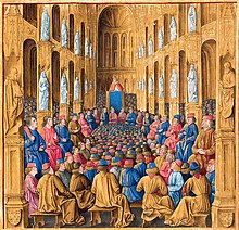 Colored painting showing a large congregation of bishops listening to the Pope