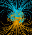 Image 9Computer simulation of Earth's field in a period of normal polarity between reversals. The lines represent magnetic field lines, blue when the field points towards the center and yellow when away. The rotation axis of Earth is centered and vertical. The dense clusters of lines are within Earth's core. (from Earth's magnetic field)