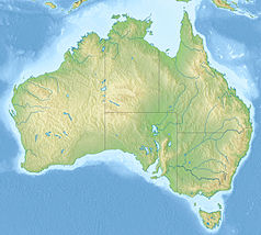 Mapa konturowa Australii, na dole po prawej znajduje się punkt z opisem „Canberra”