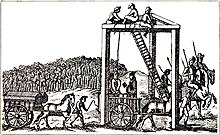 Une illustration monochrome d'une structure à trois pieds avec des poutres pour relier chaque pied au sommet (formant un triangle équilatéral sur son côté). Plusieurs hommes sont assis en haut de la structure, près d'une échelle, à environ 600 mètres de haut. Une corde relie le sommet de la structure au cou d'un homme, debout sur une charrue. Un autre homme lit un livre, tourné vers lui. Des chevaux tirent une autre charrue, sur laquelle on peut voir deux cercueils. Une grande foule est réunie au loin, regardant la scène.