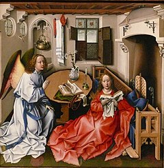 Robert Campin's Mérode Altarpiece or Annunciation Triptych, (centre panel), c 1427–1432, Metropolitan Museum of Art, New York; The Cloisters.