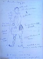 Croquis sur page bleue représentant un personnage en pied, de profil. Il marche avec un bâton. De nombreuses annotations tout autour du dessin, de la main de Bourget.