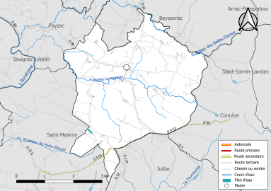 Carte en couleur présentant le réseau hydrographique de la commune