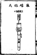 A canister shot known as the 'flying-hidden-bomb cannon' (fei meng pao shi) from the Huolongjing. The poison canister is loaded into an iron barrel fitted to a wooden tiller.